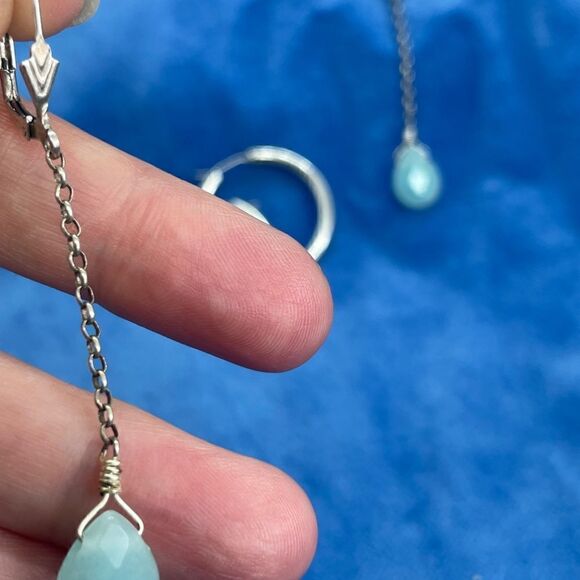 silver drop earrings with faceted amazonite stones and silver hoops - Picture 3 of 4